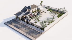 Tổng thể mô hình thiết kế biệt thự vườn Vĩnh Long 25x30m từ trên cao, với kiến trúc chính, sân vườn rộng rãi, hàng rào và đường đi, thể hiện không gian sống xanh.