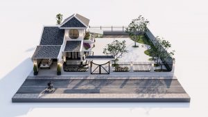 Tổng thể mô hình thiết kế biệt thự vườn Vĩnh Long 25x30m từ trên cao, với kiến trúc chính, sân vườn rộng rãi, hàng rào và đường đi, thể hiện không gian sống xanh.