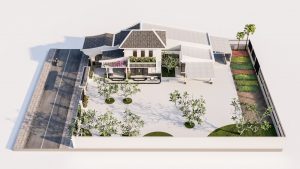 Tổng thể mô hình thiết kế biệt thự vườn Vĩnh Long 25x30m từ trên cao, với kiến trúc chính, sân vườn rộng rãi, hàng rào và đường đi, thể hiện không gian sống xanh.