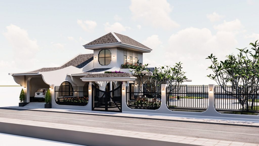 Toàn cảnh mặt tiền biệt thự vườn Vĩnh Long từ xa, với cổng chính bề thế, hàng rào vững chắc, kiến trúc mái độc đáo và cây xanh phía trước.