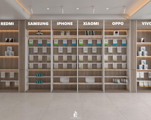 Kệ trưng bày sắp xếp khoa học theo từng thương hiệu lớn như Samsung, iPhone, Xiaomi, Oppo, Vivo, có ánh sáng LED hắt.